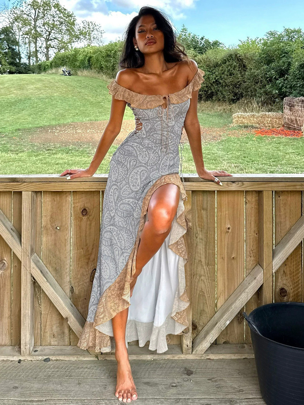 Zara Fall Off Shoulder Ruffle High Slit Bodycon Camisole Dress